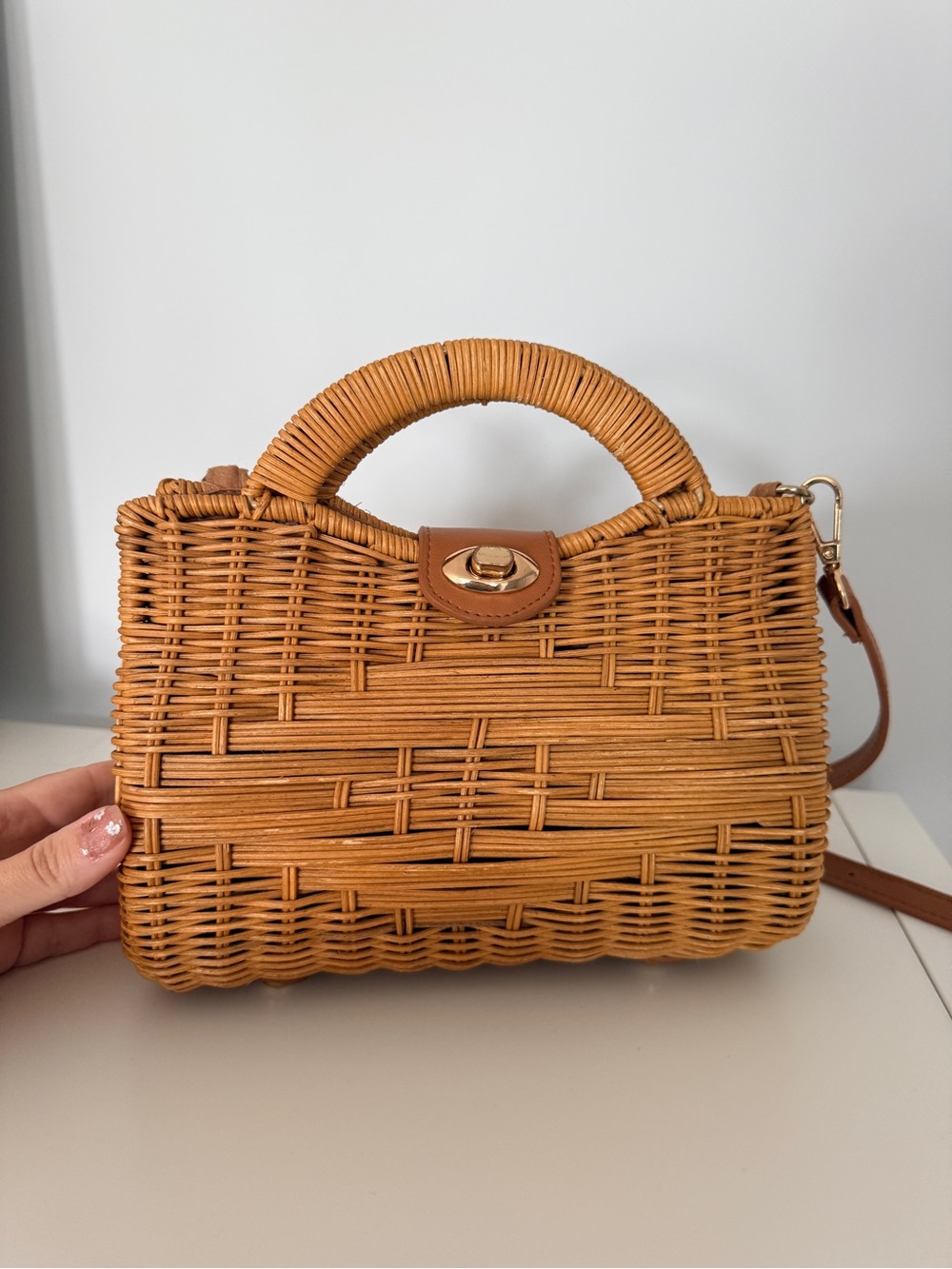 Topshop Woven Rattan Top-Handle Bag in Tan